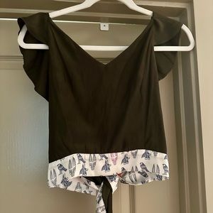 Koch Green Blouse with Tie Front and Ruffled Details